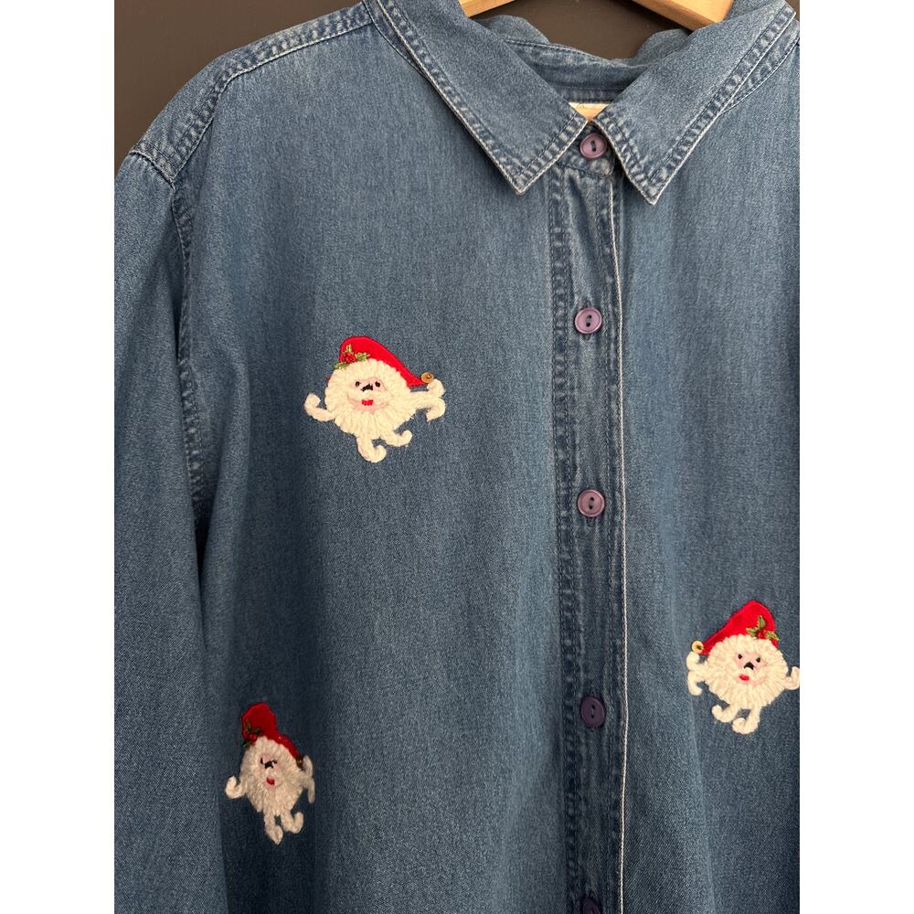 Vintage Christmas Denim Chambray Novelty Santa Embroidered Holiday Shirt Size 3X - Picture 3 of 8